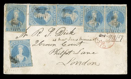 1859 (25 June) envelope ex the Dick correspondence from Otago to London, bearing 2d. pale blue horizontal pair and four singles, all with three or four margins, each cancelled
with indistinct 18 obliterators, the pair additionally tied by L