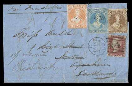 1860 (May) large part entire from Otago via Marseilles to Irvine, Scotland, bearing 1d. dull orange (horizontal filing crease), 2d. pale blue and 6d. brown, all with three or
four margins, each cancelled 18, upon arrival redirected to Pre