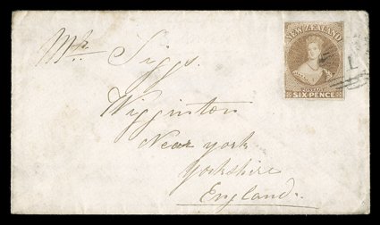 1860 (3 Nov.) envelope from Auckland to York, bearing 6d. brown with three good to large margins (faults at left) cancelled 1, despatch and arrival (19.1) on reverse, and 1861
(9 Nov.) entire letter from Wellington to London, bearing 6d. brown