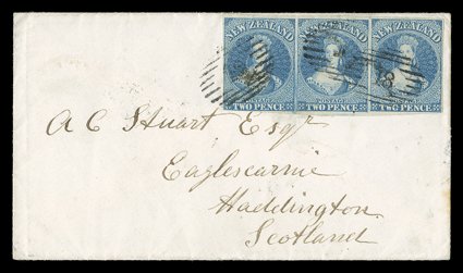 1861 (1 Apr.) envelope from Dunedin to Haddington, Scotland, bearing 2d. blue horizontal strip of three with just clear to large margins all round and each cancelled 18, the
reverse with despatch and arrival (21.6) c.d.s. clean and attractive.
