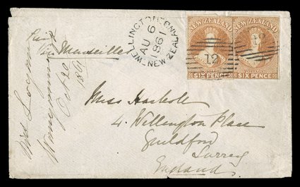 1861 (6 Aug.) envelope from Petre Paid Via Marseilles to Guildford, bearing 6d. chestnut (2) with three or four margins (one with vertical scissor-cut at right) and each
neatly cancelled 12, Wellington transit c.d.s. (6.8) alongside, the reve