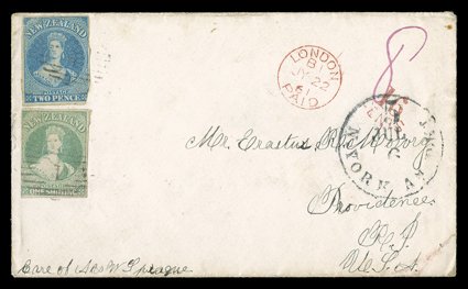 1861 (18 Apr.) envelope from Auckland to Providence, Rhode Island, bearing 2d. blue, with margins nearly all round, and 1- dull emerald-green, with clear to large margins,
each cancelled 1, showing manuscript 8, London Paid c.d.s. (22.7), 1