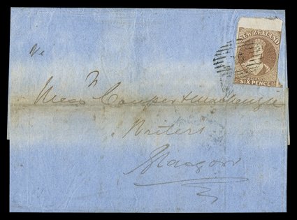 6d. brown on soft paper, a marginal example from the top of the sheet showing fine overlap at top of the design resulting in the frame line and other traces of the design
being missing, margins elsewhere in places, clearly cancelled 15 and tied