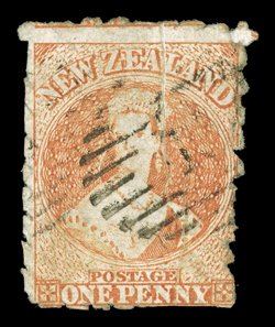 1d. dull orange, good colour and with roulettes intact on three sides and partially so at foot, cancelled 15 at Nelson a couple of natural vertical paper creases and the upper
right corner nearly detached and replaced, otherwise sound and an a