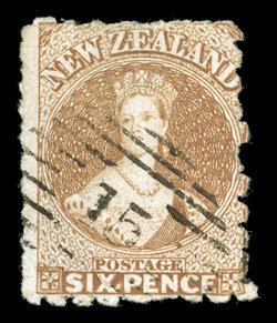6d. brown with roulettes on all sides, neatly cancelled 15 at Nelson some thinning though an attractive example of this very rare stamp. Sc. 9a group S.G. 20 group,
£4,250.