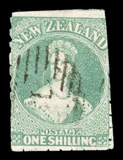 1- dull emerald-green, roulettes at left, at foot and largely at right, partially light 15 obliterator at Nelson a sound example of this very rare stamp. S.G. 10a group S.G.
20a group, £7,000.