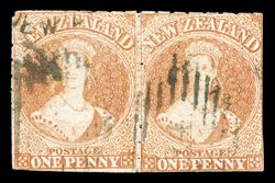 1d. dull orange, a horizontal pair with roulettes partially at top, at left and between, and showing additional row of Y roulette 18 between, each cancelled 14 at Nelson and
with small portion of a circular datestamp at upper left corner the
