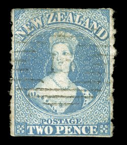 2d. blue, roulettes on the vertical sides, imperforate at top and at foot, neatly cancelled 15 at Nelson tiny fault at right caused through separation, otherwise sound. A rare
stamp. B.P.A. Certificate (1987). Sc. 8a S.G. 19, £3,500.