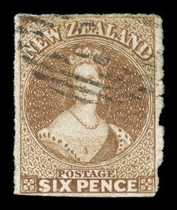 6d. brown, roulettes at left and a complete row inside design at foot, cancelled 15 at Nelson thin at top left corner though a presentable example of this rare stamp. Holcombe
Certificate (1988). Sc. 9a S.G. 20, £4,250. provenance: A