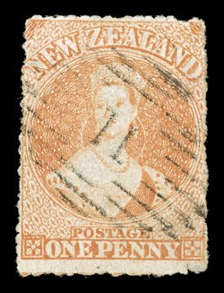 1d. dull orange, serrates nearly intact on all sides, neatly cancelled 11 at Port Ahuriri some defects though of good appearance. A rare stamp. Holcombe Certificate (1988).
Sc. 7b S.G. 22, £5,000.