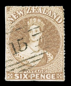 6d. brown, serrates at right and with traces at top, neatly cancelled 15 at Nelson trace of a thin outside design at foot, otherwise sound and most attractive. R.P.S.
Certificate (1935). Sc. 9b S.G. 24, £3,500.