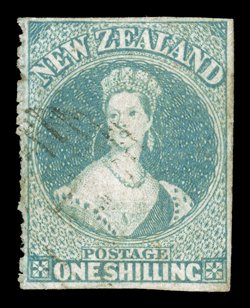1- blue-green with a good row of serrates at left, imperforate with good margins on the other three sides leaving the design intact and most unusual in this form, lightly
cancelled 15 at Nelson some shallow thinning though of fine appearance.