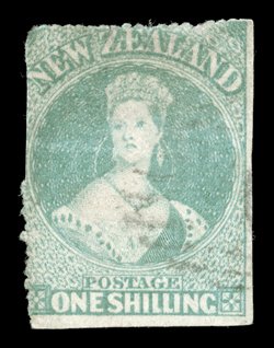 1- dull emerald-green, serrates at top and partially at left, lightly cancelled at right leaving Queens face clear horizontal crease at center, otherwise sound. Unlisted in
this shade. Believed genuine and sold on its merits. Sc. 10b group S