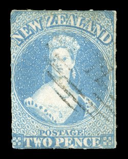 2d. blue, roulettes or with traces thereof, on all four sides, lightly cancelled 17 at Christchurch tiny surface fault at foot and a fraction soiled at top, otherwise sound. A
rare stamp. Sc. 8c S.G. 28, £3,250.