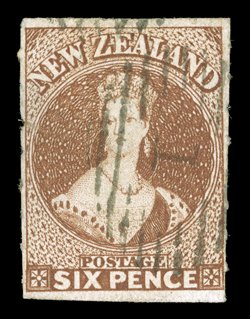 6d. brown, roulettes on the vertical sides and with large margins at top and at foot, neatly cancelled 1 at Auckland thinned and defective though of handsome appearance.
B.P.A. Certificate (1990). Sc. 9c S.G. 29, £2,750. provenance: H