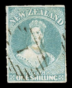 1- blue-green, roulettes on the vertical sides and imperforate at top and at foot, leaving the design clear and most unusual as such, neatly cancelled 1 at Auckland thinned
though of good appearance. A rare stamp. B.P.A. Certificate (1964). S