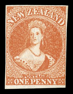 1d. vermilion, wonderful fresh vibrant colour, unused without gum, clear to large margins. A most attractive example of this scarce shade. Sc. 11e S.G. 34,
£700.