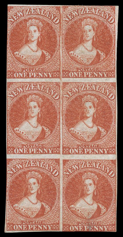 1d. carmine-vermilion, a block of six (2x3) with large part original gum, good to large margins generally all round the lower right stamp with thin at foot though a rare and
attractive multiple. Sc. 11d S.G. 35, £2,700.