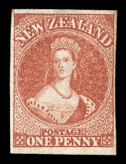 1d. carmine-vermilion, unused with part original gum, clear to very large margins attractive. Holcombe Opinion (1991) states staining at top which we consider harsh. Sc. 11d
S.G. 35, £450.
