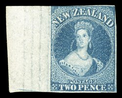 2d. deep blue, Plate I, a marginal example from the left of the sheet and with clear to large margins nearly all round on three sides, fresh unused without gum central
horizontal crease though of fine appearance. B.P.A. Certificate (1990). Sc. 1