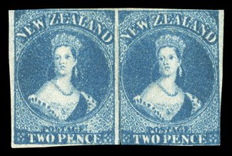 2d. deep (bright) blue, Plate I, a horizontal pair in an unusual over-inked woolly impression showing traces of plate wear towards foot, unused with part original gum, clear
to very large margins mainly all round virtually severed between and wi