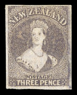 3d. brown-lilac, Row 1111 showing faulty impression, faint doubling in places, burr rubbing at right, etc., unused without gum and with good to large margins an exceptional
and unusual stamp. Sc. 13 S.G. 40, £550.