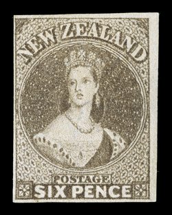 6d. brown, unused without gum, clear to very large margins, fresh color and a most attractive example of this rare stamp. Odenweller (2006) and R.P.S. (2007) Certificates. Sc.
14e S.G. 42, £1,500.