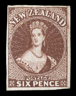 6d. red-brown, fresh unused without gum, good to large margins all round. Fine and scarce. Sc. 14 S.G. 43, £1,300.