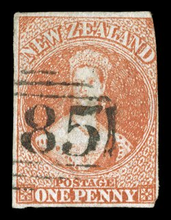 1d. orange-vermilion cancelled by superb (A)85 mailboat obliterator, and 1d. carmine-vermilion (2) cancelled by part strikes of the A81 obliterator all three with three
margins and both the orange-vermilion stamps with thins though an unusua