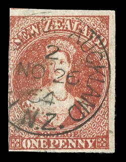 1d. selection of re-entries, comprising Row 113 on carmine-vermilion with superb Province of Auckland 1864 c.d.s., Row 142 in two distinctly different shades (both cut-into)
and Row 193 on fine orange-vermilion also Row 1311 with retouch at