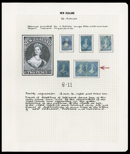 2d. selection of re-entries on various shades and states of wear, comprising Row 811 (5, one in pair), 1012 (3) and 114 (3) also Row 99 with tick above Z of ZEALAND some with
four margins and generally of fine appearance. Sc. 12 group