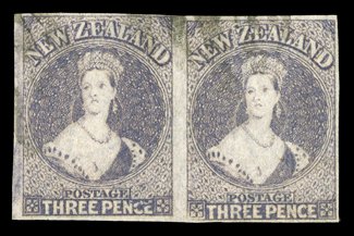 3d. brown-lilac horizontal pair with the left-hand stamp showing plate flaws on NCE of PENCE, clear to large margins, good color, light indistinct cancellations at top leaving
portrait clear on both stamps fine and a scarce multiple. Sc. 13