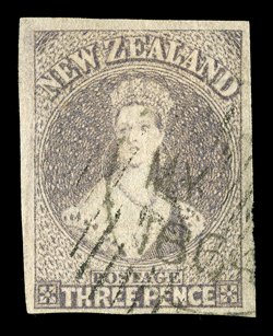 3d. brown-lilac selection of five singles in slightly varying shades, all but one with four margins and one cancelled with both obliterator and part 1864 c.d.s. generally
fine. S.G. 40, £800. provenance: Gerald Ellott