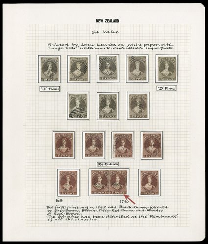 6d. black-brownbrown (8, two with D flaw) and 6d. red-brown (8 with a pair, two with re-entries 163 and 1710), nearly all with four margins and of generally good to fine
appearance. An attractive group. Sc. 14 group S.G. 41-43, £1,750. p