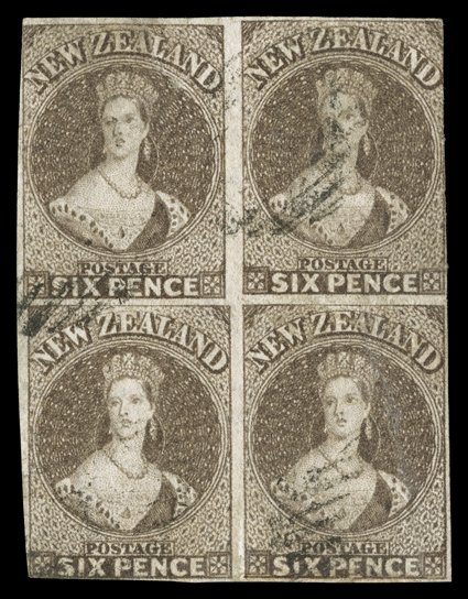 6d. brown, a block of four with margins largely all round, mainly lightly cancelled leaving three with portraits clear the lower right stamp repaired though of good appearance
and a rare multiple. R.P.S. Certificate (2000). Sc. 14e S.G. 42. 
