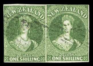 1- yellow-green horizontal pair, good to large margins nearly all round, indistinct cancellations horizontal crease, otherwise sound. A scarce multiple. Sc. 15 S.G. 45,
£700.