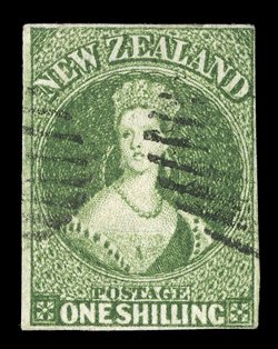 1- deep green, Row 15 with re-entry, neatly cancelled with two part obliterators, good to large margins fine and unusual. Sc. 15d S.G. 46.