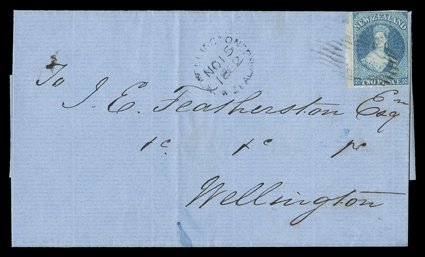 1862 (13 Nov.) entire from Wanganui to Wellington, bearing 2d. blue, Plate I, 2-3mm. sheet margin at left and with clear to good margins on the other three sides (just touched
at one point), light indistinct numeral cancellation and with arrival