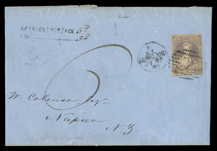 1867 (27 July) ½oz.-1oz. envelope (221x93mm., twice folded for display) from Auckland to Napier, bearing 3d. brown-lilac with good to large margins, cancelled with numeral and
Auckland c.d.s. alongside, underfranked and showing deficient post