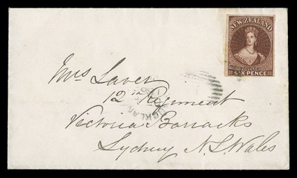 1863 (4 Dec.) envelope from the Laver correspondence from Auckland to Sydney, bearing 6d. red-brown with good to very large margins and tied by small part numeral obliterator
with a further strike and despatch c.d.s. alongside, the reverse wi