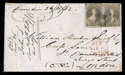 1862 (27 Nov.) ½oz.-1oz. envelope (opened-out) from Dunedin to London, the reverse with an attractive advertisement, printed in lilac, for Park House, London Street, Dunedin,
bearing 6d. black-brown (2, both with large margins, one with scissor-c