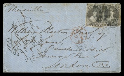 1863 (16 Feb.) ½oz.-1oz. envelope from Dunedin to London, bearing 6d. black-brown (2, one with margins mainly all round, the other with margins in places and defects), each
cancelled dunedin in oval of bars and showing London Paid c.d.s.