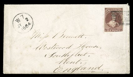 1864 (2 July) envelope from Masterton to Kent, bearing 6d. red-brown (touched on two sides) cancelled 6 in oblong of bars and with superb W7 c.d.s. at left, Wellington (5.7),
London (20.9) and Gravesend (21.9) c.d.s. on reverse, and 1864 (22