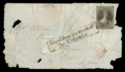 1862 (13 Sept.) envelope front and small part back (defects) from Wellington to Sussex, bearing 6d. black-brown neatly cancelled 7 and additionally tied by a fine strike of
the boxed saved from the wreck ofthe colombo. handstamp, Londo