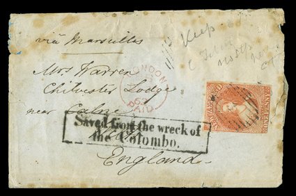 1862 (30 Sept.) large part envelope from Auckland to Calne, Kent, bearing 1d. orange-vermilion (lifted and hinged back in place) with margins largely all round, cancelled 1
and tied by a fine strike of the boxed Saved from the wreck ofthe C