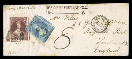 1863 (5 Dec.) small envelope from Auckland to London, bearing 2d. pale blue, Plate I worn with good to enormous margins on three sides, touched at foot, and 6d. red-brown,
marginal from the top of the sheet and with just clear to enormous margins