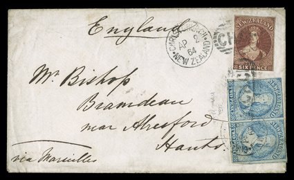 1864 (2 Apr.) envelope from Christchurch to Alresford, Hants., bearing 2d. pale blue, Plate I very worn, horizontal pair (one with small fault at top) and 6d. red-brown, both
with clear to large margins and cancelled with ch.ch duplex, ar