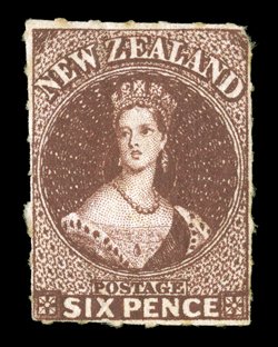 6d. red-brown with roulettes, or traces thereof, on all sides, fresh unused with part original gum vertical crease and upper right corner fractionally rounded, otherwise with
design intact. A rare stamp. R.P.S. Certificate (1971). Sc. 14b S.G.