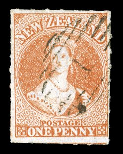 1d. orange-vermilion with roulettes on all sides and design intact, cancelled 1 at Auckland horizontal creases though of very fine appearance and most attractive. B.P.A.
Certificate (1991). Sc. 11b S.G. 47, £800. provenance: Chalon,