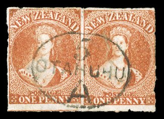 1d. vermilion horizontal pair with roulettes at foot and traces thereof at right, neatly cancelled and sharing a superbly struck example of the 5otahuhuA handstamp used by the
Auckland suburban Fencibles Office which also serviced the b
